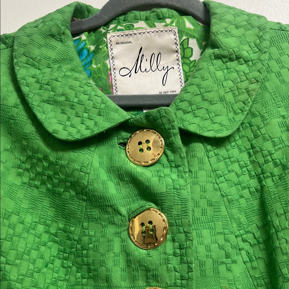 Milly Vibrant Green Woven Cotton Retro 3/4 Sleeve Coat Gold Buttons Size 2 - Picture 3 of 10